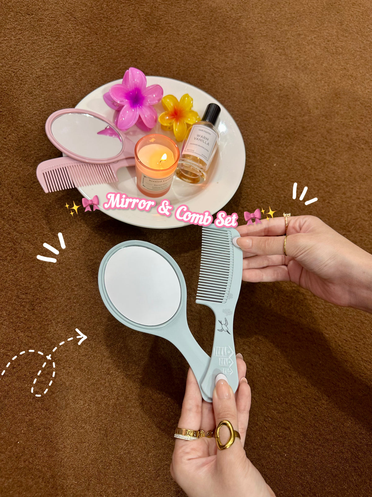 Mirror & comb set🌸-blue