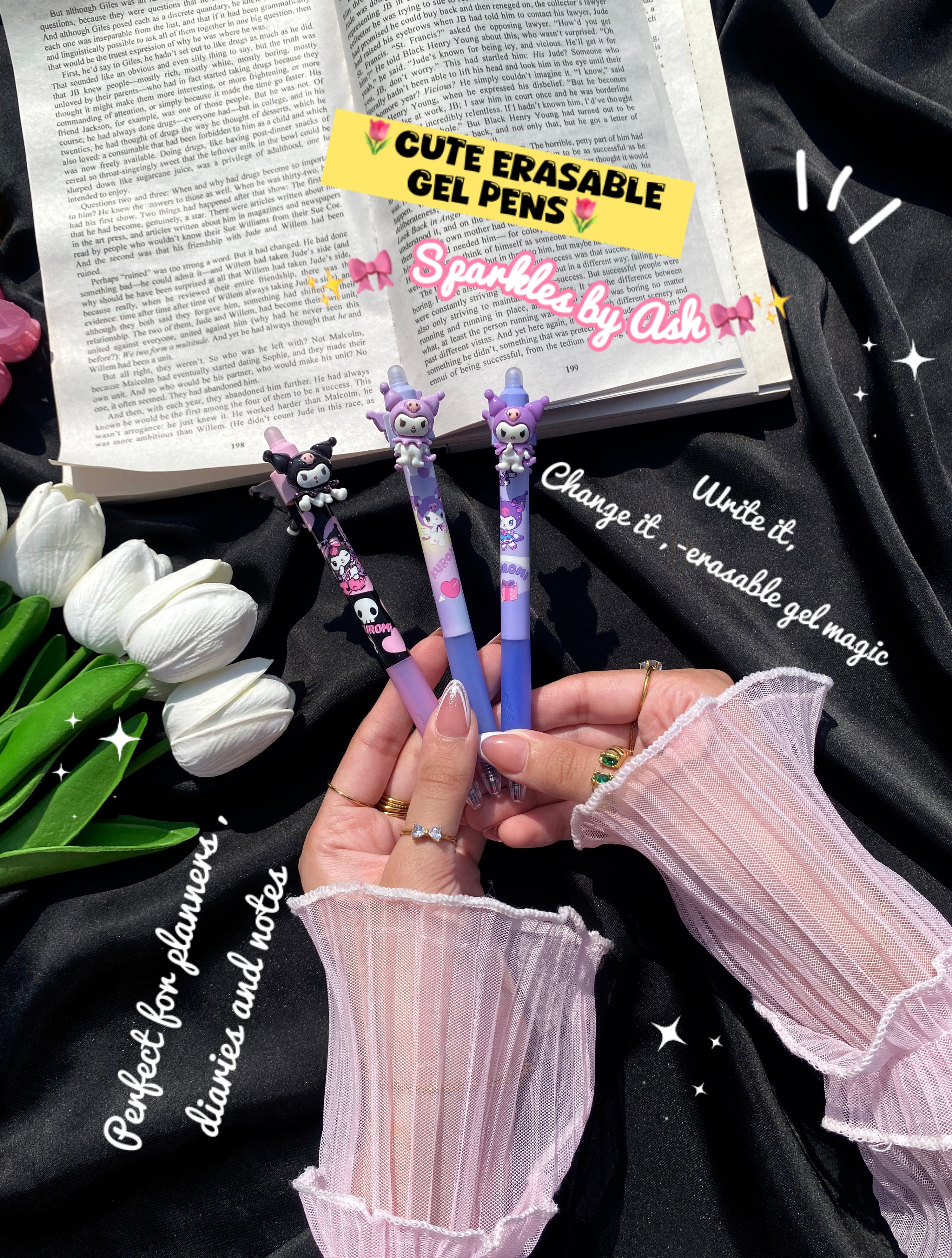 Kuromi and unicorn erasable gel pens ( blue ink ) 💕