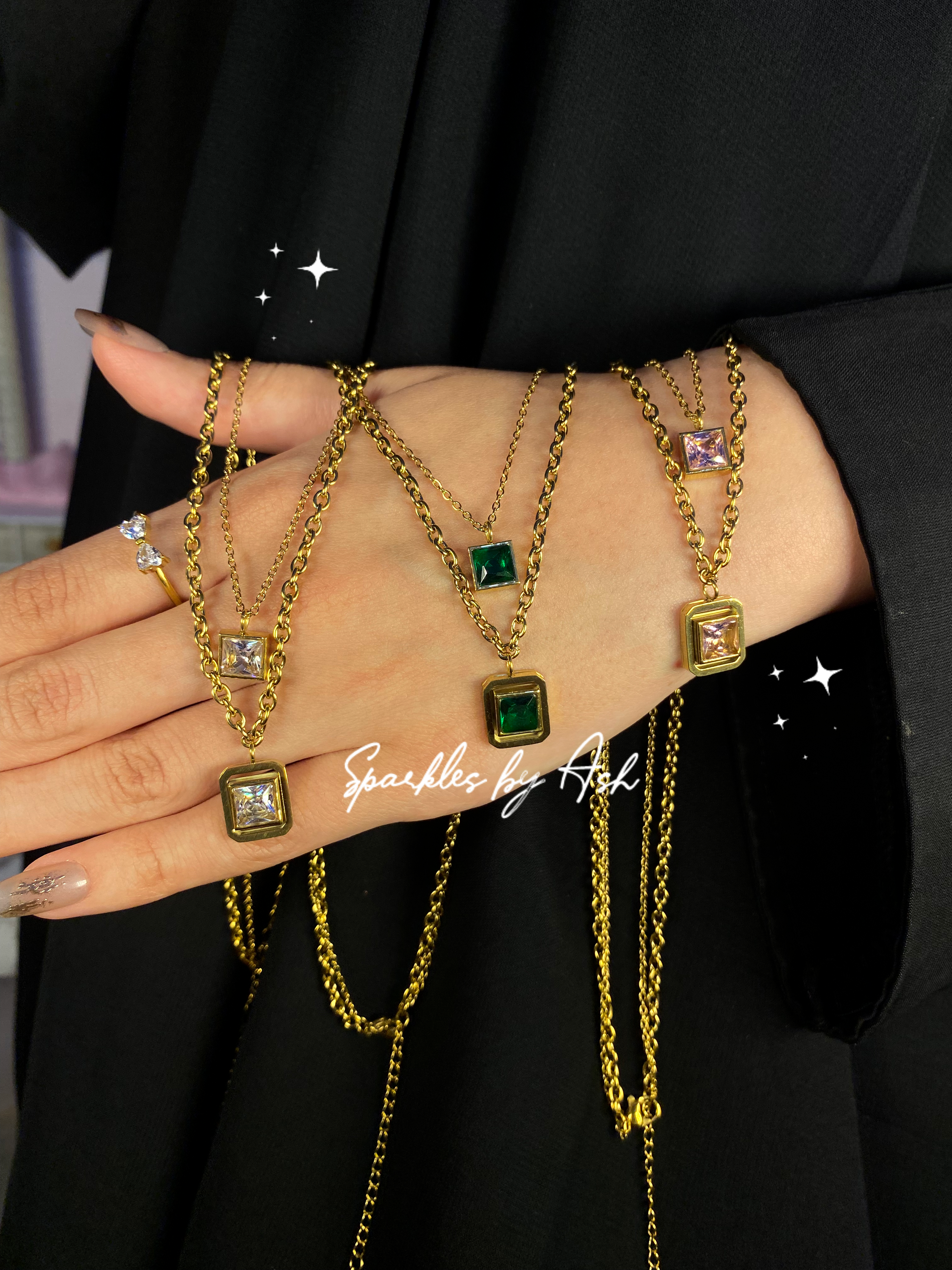 Elegant Double chain stone necklace(dark green☘️)