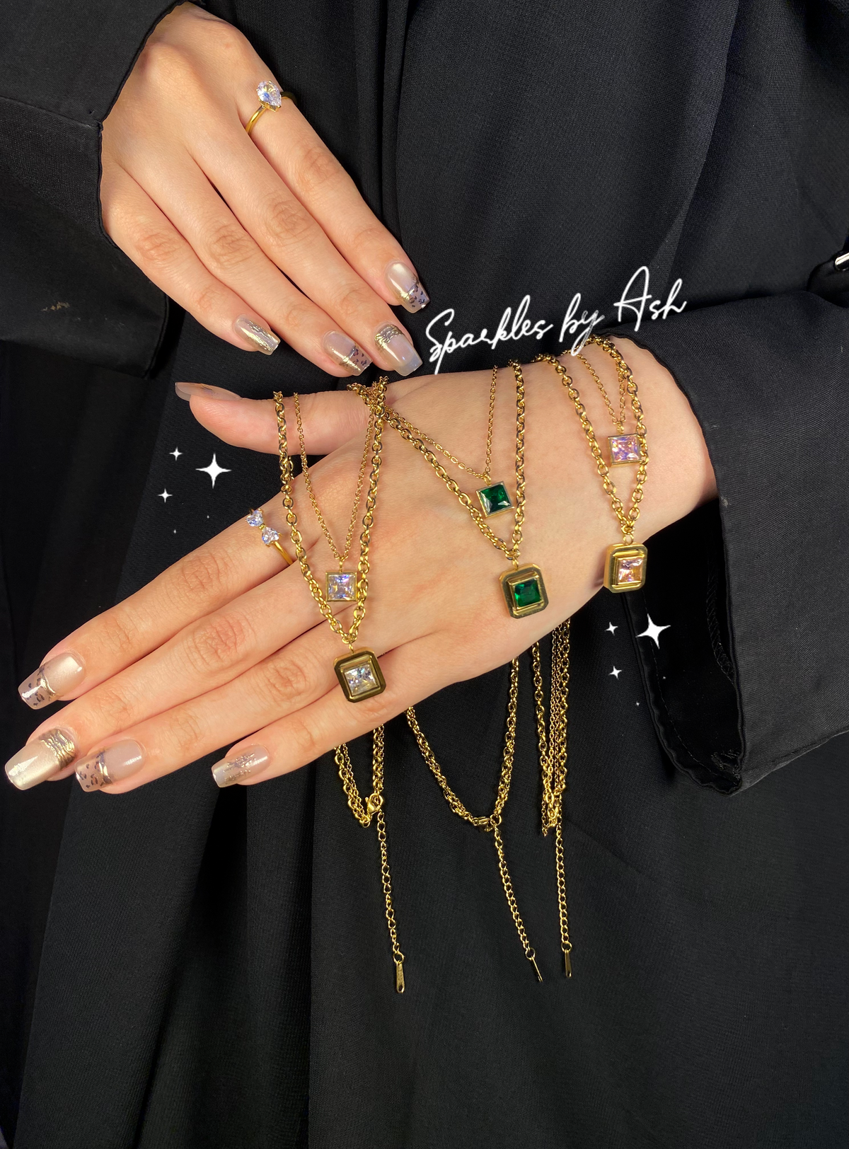 Elegant Double chain stone necklace(dark green☘️)